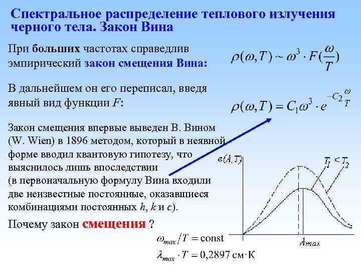 Спектральное распределение теплового излучения черного тела. Закон Вина При больших частотах справедлив эмпирический закон