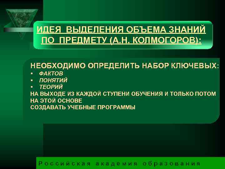 ИДЕЯ ВЫДЕЛЕНИЯ ОБЪЕМА ЗНАНИЙ ПО ПРЕДМЕТУ (А. Н. КОЛМОГОРОВ): НЕОБХОДИМО ОПРЕДЕЛИТЬ НАБОР КЛЮЧЕВЫХ: §