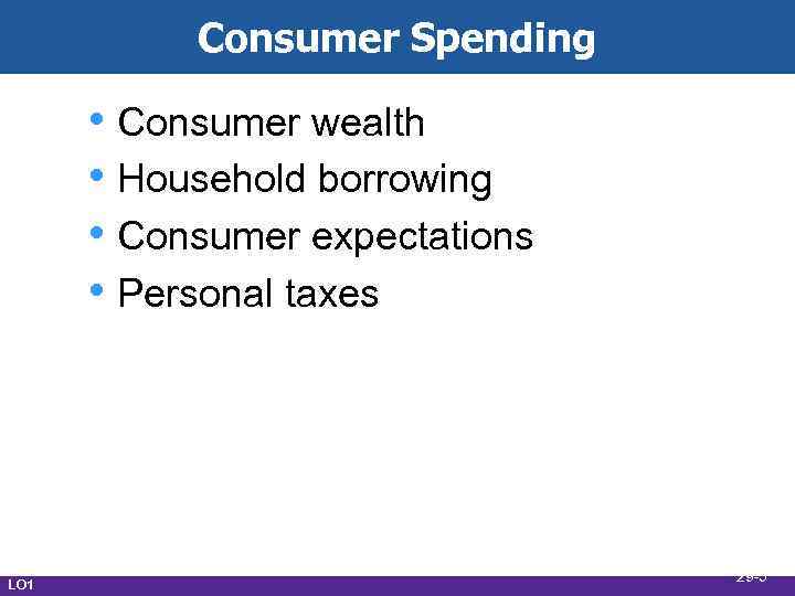 Consumer Spending • Consumer wealth • Household borrowing • Consumer expectations • Personal taxes
