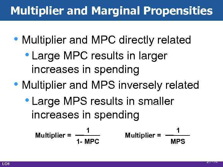 Multiplier and Marginal Propensities • Multiplier and MPC directly related • Large MPC results