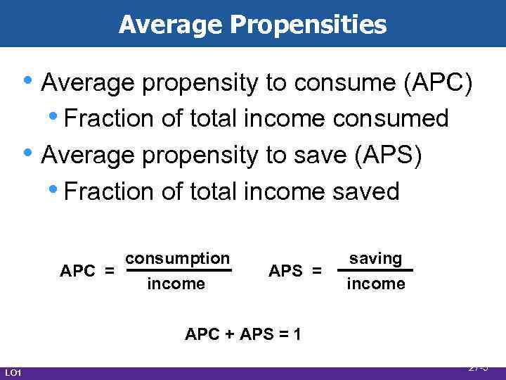 Average Propensities • Average propensity to consume (APC) • Fraction of total income consumed