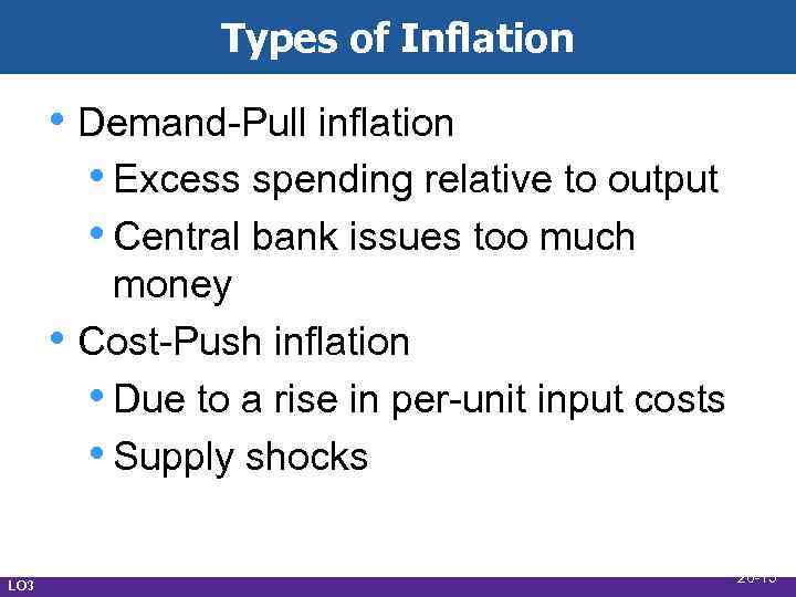 Types of Inflation • Demand-Pull inflation • Excess spending relative to output • Central