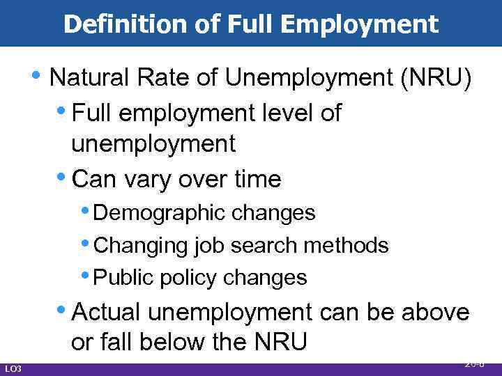 Definition of Full Employment • Natural Rate of Unemployment (NRU) • Full employment level