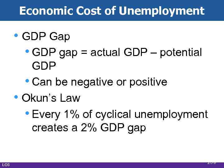 Economic Cost of Unemployment • GDP Gap • GDP gap = actual GDP –