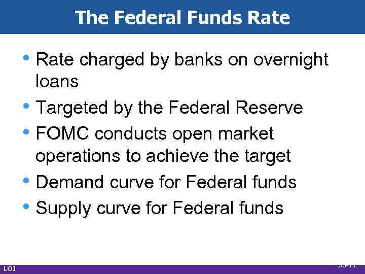 The Federal Funds Rate • Rate charged by banks on overnight • • LO