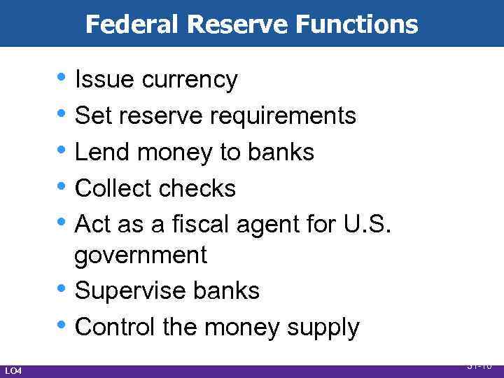 Federal Reserve Functions • Issue currency • Set reserve requirements • Lend money to