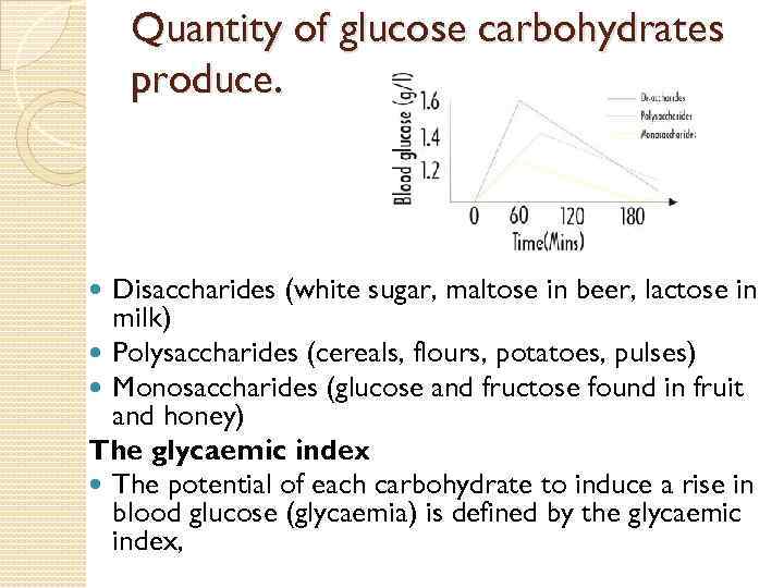 Quantity of glucose carbohydrates produce. Disaccharides (white sugar, maltose in beer, lactose in milk)