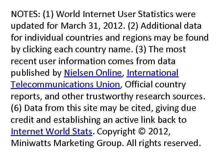 NOTES: (1) World Internet User Statistics were updated for March 31, 2012. (2) Additional