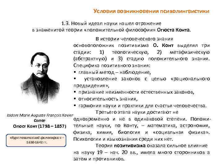 Условия возникновения психолингвистики 1. 3. Новый идеал науки нашел отражение в знаменитой теории «положительной