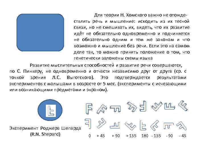 Для теории Н. Хомского важно не отождествлять речь и мышление: исходить из их тесной