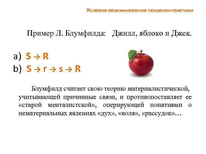 Условия возникновения психолингвистики Пример Л. Блумфилда: Джилл, яблоко и Джек. a) S → R