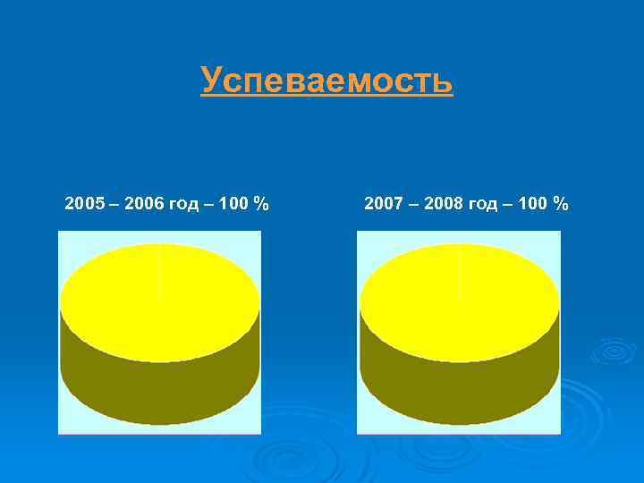 Успеваемость 2005 – 2006 год – 100 % 2007 – 2008 год – 100