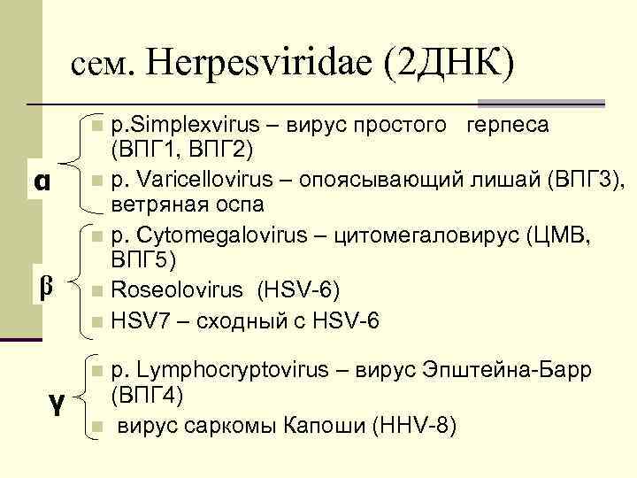 сем. Herpesviridae (2 ДНК) р. Simplexvirus – вирус простого герпеса (ВПГ 1, ВПГ 2)