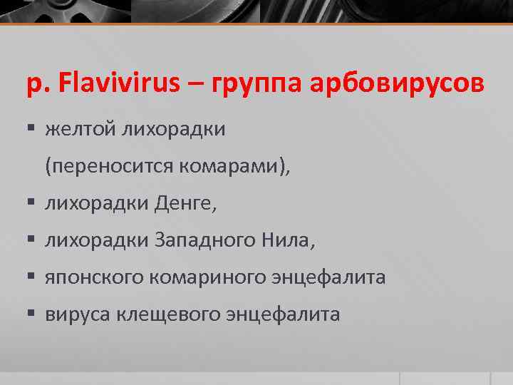 p. Flavivirus – группа арбовирусов § желтой лихорадки (переносится комарами), § лихорадки Денге, §