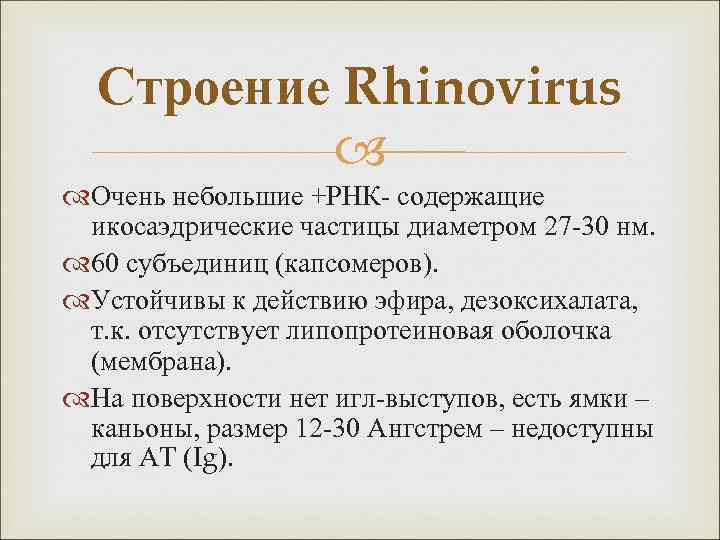 Строение Rhinovirus Очень небольшие +РНК- содержащие икосаэдрические частицы диаметром 27 -30 нм. 60 субъединиц