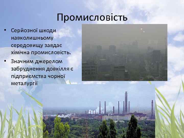 Промисловість • Серйозної шкоди навколишньому середовищу завдає хімічна промисловість. • Значним джерелом забруднення довкілля