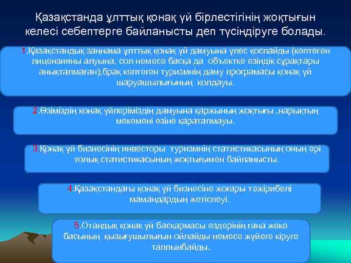 Қазақстанда ұлттық қонақ үй бірлестігінің жоқтығын келесі себептерге байланысты деп түсіндіруге болады. 1. Қазақстандық