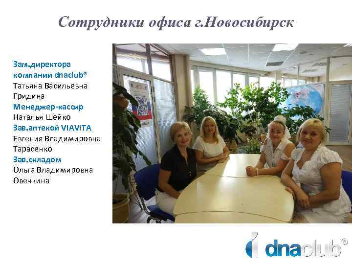 Сотрудники офиса г. Новосибирск Зам. директора компании dnaclub® Татьяна Васильевна Гридина Менеджер-кассир Наталья Шейко