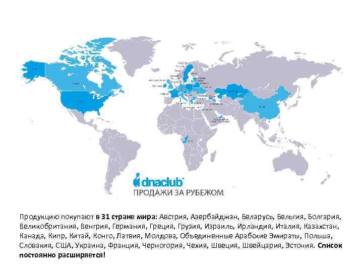 Продукцию покупают в 31 стране мира: Австрия, Азербайджан, Беларусь, Бельгия, Болгария, Великобритания, Венгрия, Германия,