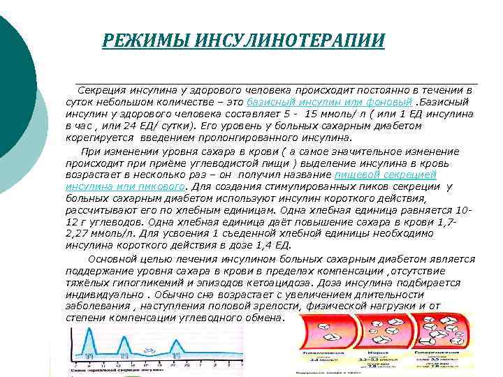 РЕЖИМЫ ИНСУЛИНОТЕРАПИИ Секреция инсулина у здорового человека происходит постоянно в течении в суток небольшом