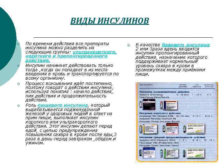 ВИДЫ ИНСУЛИНОВ ¡ ¡ По времени действия все препараты инсулина можно разделить на следующие