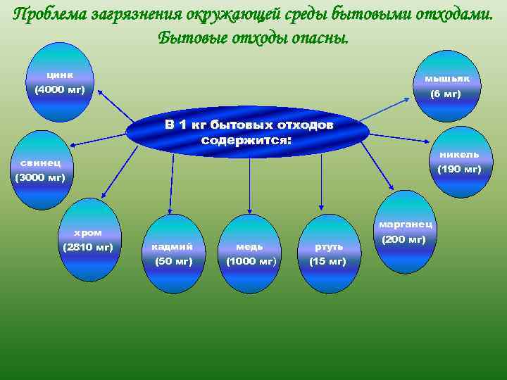 Проблема загрязнения окружающей среды бытовыми отходами. Бытовые отходы опасны. цинк мышьяк (4000 мг) (6