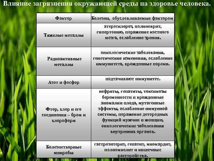 Влияние загрязнения окружающей среды на здоровье человека. Фактор Болезни, обусловливаемые фактором Тяжелые металлы атеросклероз,