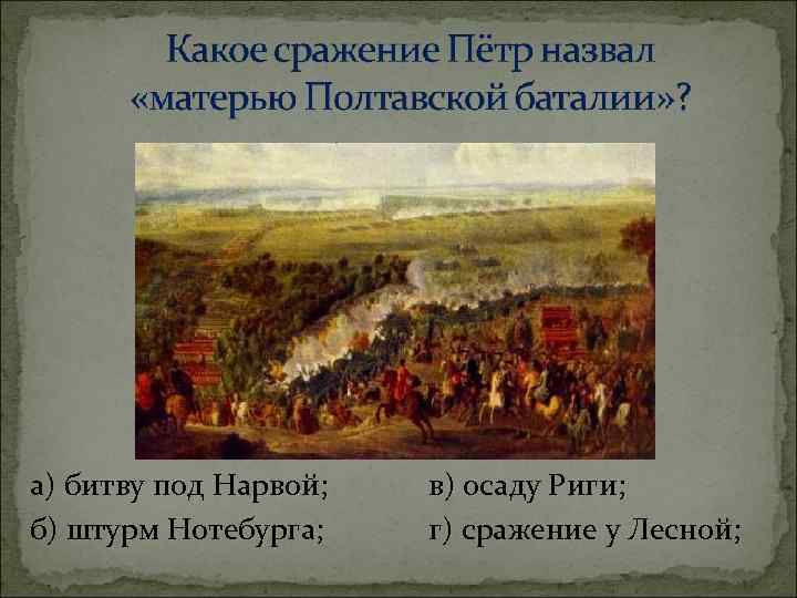 а) битву под Нарвой; б) штурм Нотебурга; в) осаду Риги; г) сражение у Лесной;