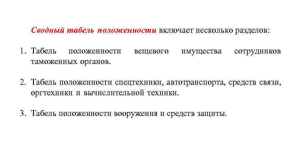 Сводный табель положенности включает несколько разделов: 1. Табель положенности таможенных органов. вещевого имущества сотрудников