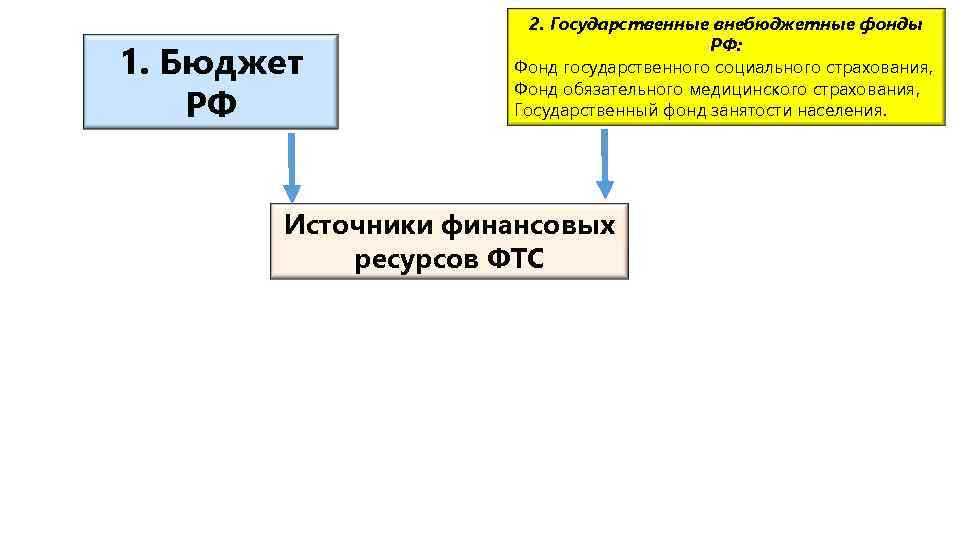 1. Бюджет РФ 2. Государственные внебюджетные фонды РФ: Фонд государственного социального страхования, Фонд обязательного