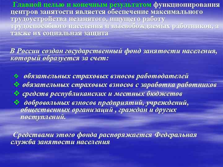 Главной целью и конечным результатом функционирования центров занятости является обеспечение максимального трудоустройства незанятого, ищущего