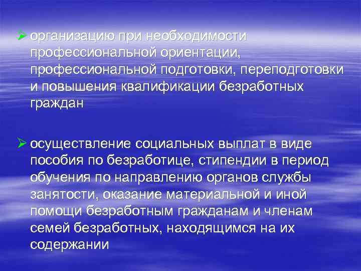 Ø организацию при необходимости профессиональной ориентации, профессиональной подготовки, переподготовки и повышения квалификации безработных граждан