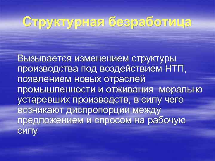 Структурная безработица Вызывается изменением структуры производства под воздействием НТП, появлением новых отраслей промышленности и