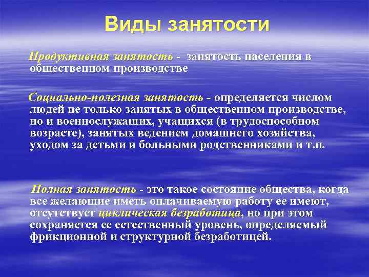 Виды занятости Продуктивная занятость - занятость населения в общественном производстве Социально-полезная занятость - определяется