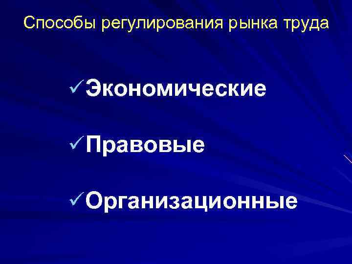 Способы регулирования рынка труда üЭкономические üПравовые üОрганизационные 