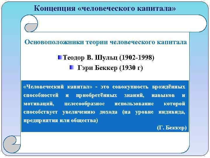 Концепция «человеческого капитала» Основоположники теории человеческого капитала Теодор В. Шульц (1902 -1998) Гэри Беккер