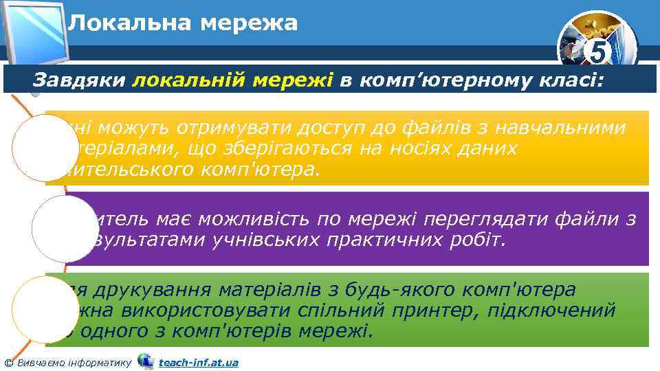 Локальна мережа 5 Завдяки локальній мережі в комп’ютерному класі: Учні можуть отримувати доступ до