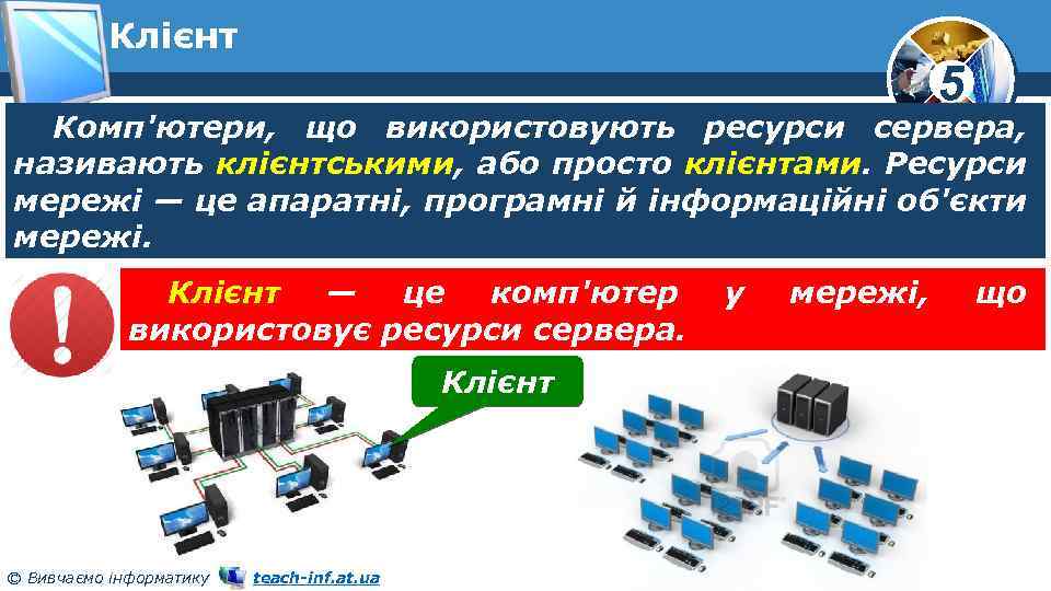 Клієнт 5 Комп'ютери, що використовують ресурси сервера, називають клієнтськими, або просто клієнтами. Ресурси мережі