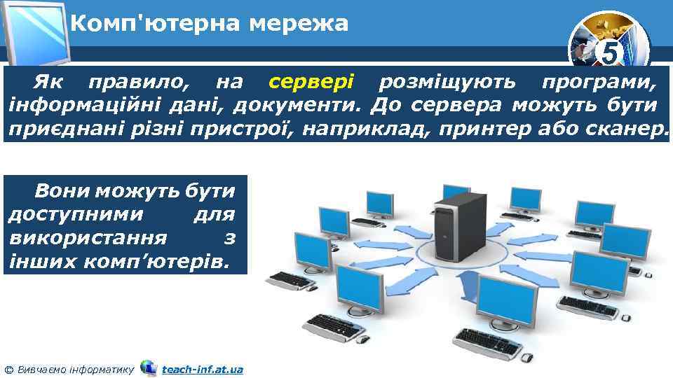 Комп'ютерна мережа 5 Як правило, на сервері розміщують програми, інформаційні дані, документи. До сервера