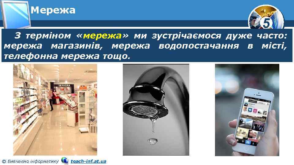 Мережа 5 З терміном «мережа» ми зустрічаємося дуже часто: мережа магазинів, мережа водопостачання в