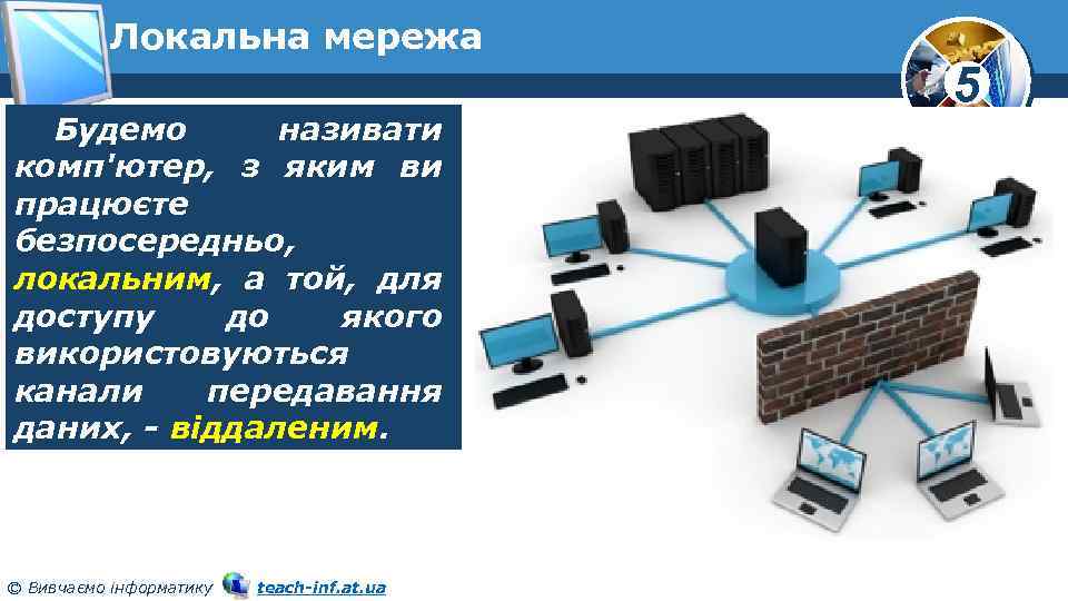 Локальна мережа Будемо називати комп'ютер, з яким ви працюєте безпосередньо, локальним, а той, для