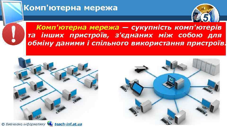 Комп'ютерна мережа 5 Комп'ютерна мережа — сукупність комп'ютерів та інших пристроїв, з'єднаних між собою