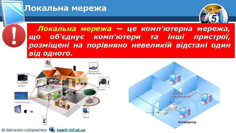 Локальна мережа 5 Локальна мережа — це комп'ютерна мережа, що об'єднує комп'ютери та інші