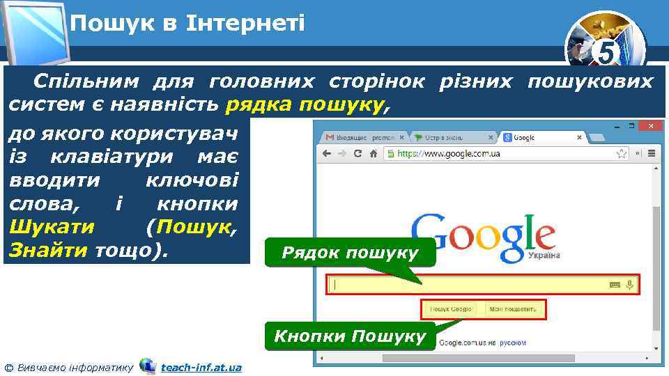 Пошук в Інтернеті 5 Спільним для головних сторінок різних пошукових систем є наявність рядка