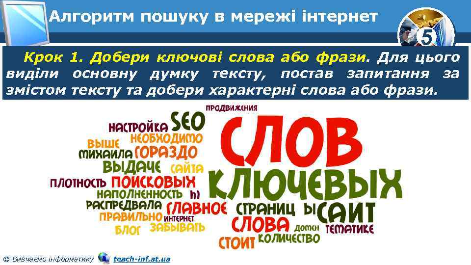 Алгоритм пошуку в мережі інтернет 5 Крок 1. Добери ключові слова або фрази. Для