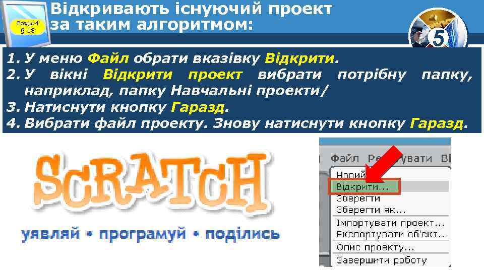 Розділ 4 § 18 Відкривають існуючий проект за таким алгоритмом: 5 1. У меню