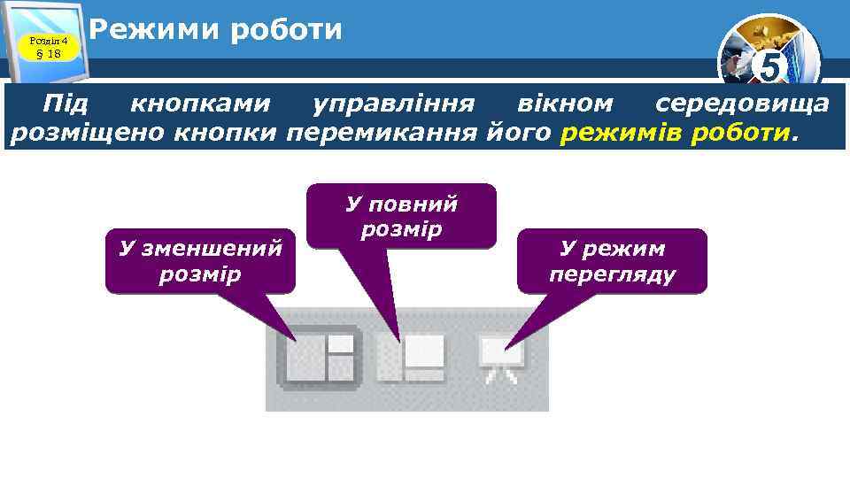 Розділ 4 § 18 Режими роботи 5 Під кнопками управління вікном середовища розміщено кнопки