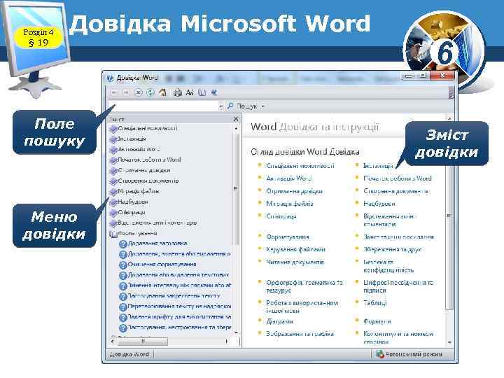 Розділ 4 § 19 Довідка Microsoft Word Поле пошуку Меню довідки 6 Зміст довідки