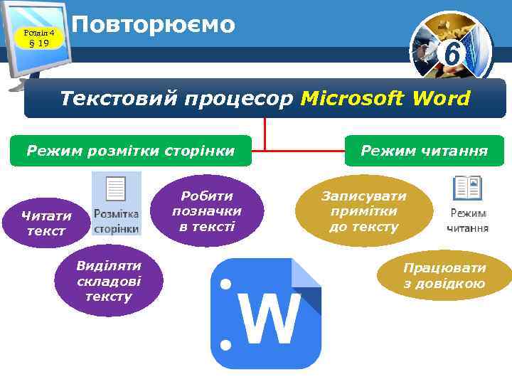 Розділ 4 § 19 Повторюємо 6 Текстовий процесор Microsoft Word Режим розмітки сторінки Робити