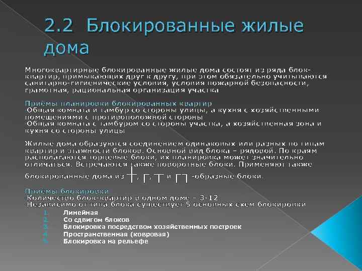 2. 2 Блокированные жилые дома Многоквартирные блокированные жилые дома состоят из ряда блокквартир, примыкающих